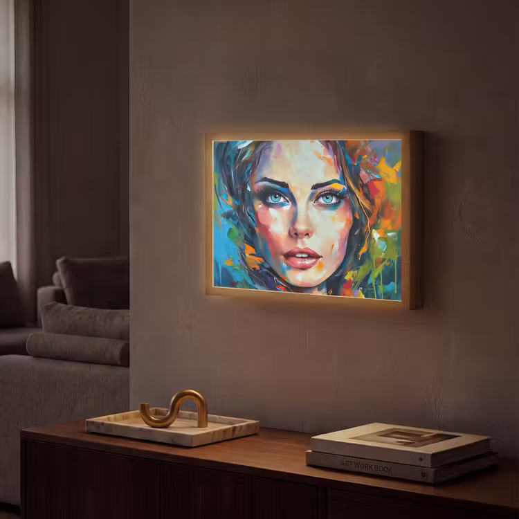 Gezicht - Vrouw - Olieverf - Kleurrijk - Kunst Light Box met batterij (Wandlamp) middel -sfeer1