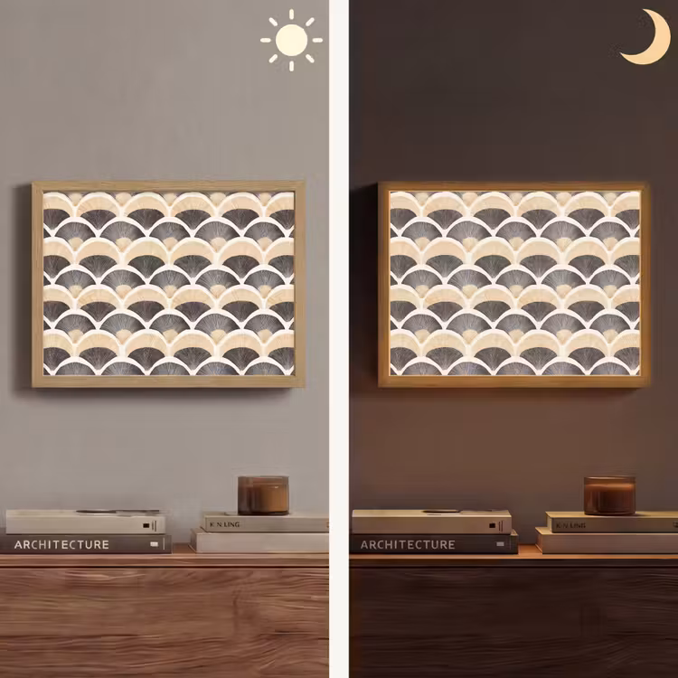 Waaier - Patroon - Zwart - Beige Light Box met batterij (Wandlamp) middel 907 -sfeer3