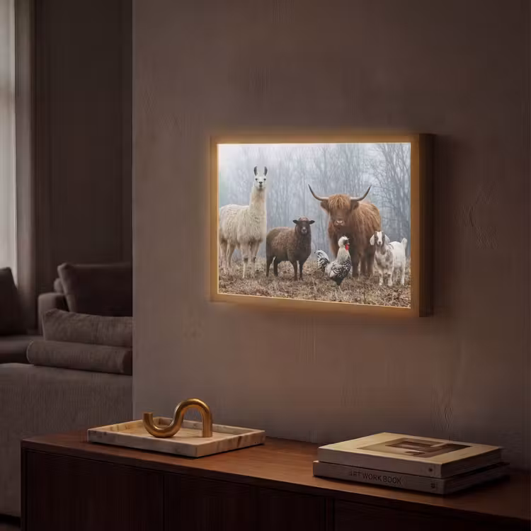 Boerderijdieren - Groep - Mist - Natuur - Rustiek Light Box met batterij (Wandlamp) middel -sfeer1