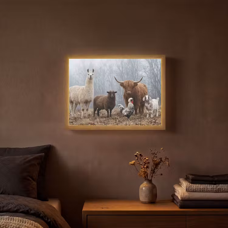 Boerderijdieren - Groep - Mist - Natuur - Rustiek Light Box met batterij (Wandlamp) middel -sfeer4