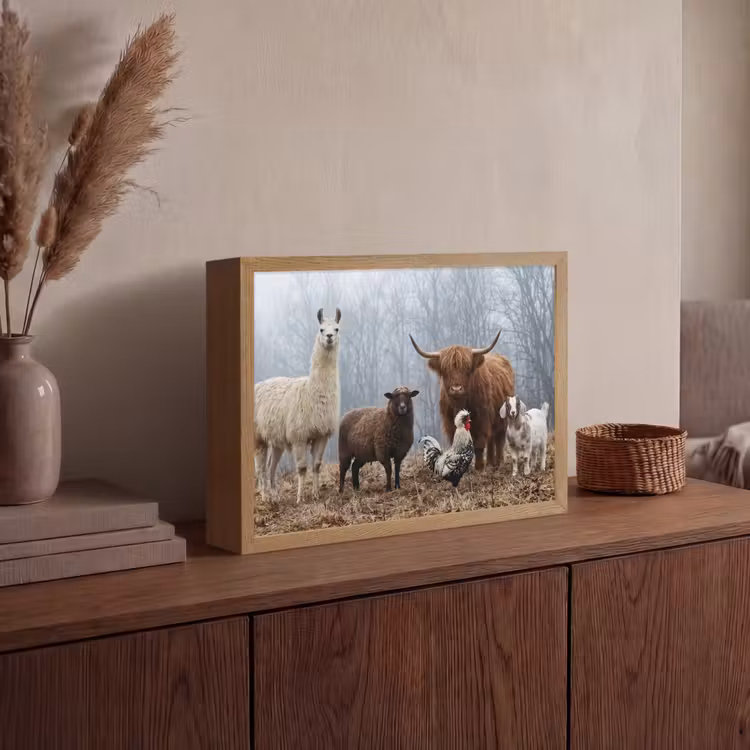 Boerderijdieren - Groep - Mist - Natuur - Rustiek Light Box met batterij (Wandlamp) middel -sfeer2