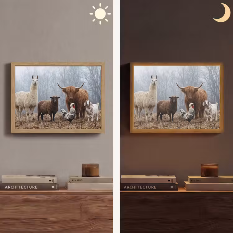 Boerderijdieren - Groep - Mist - Natuur - Rustiek Light Box met batterij (Wandlamp) middel -sfeer3