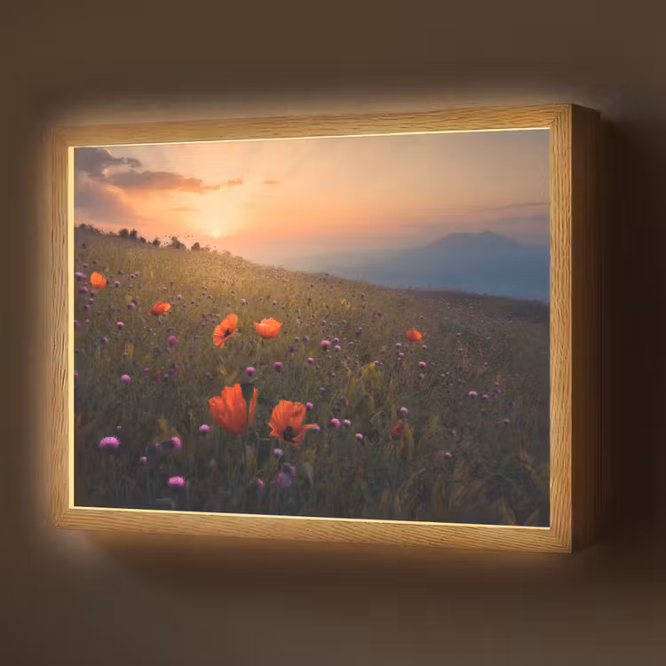 Bloemenveld - Gras - Bloemen - Planten - Zonsondergang - Oranje Light Box met batterij (Wandlamp) middel -z3d_website