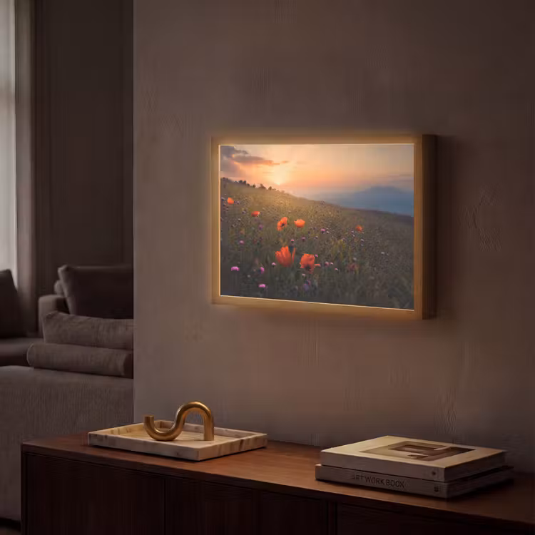 Bloemenveld - Gras - Bloemen - Planten - Zonsondergang - Oranje Light Box met batterij (Wandlamp) middel -sfeer1