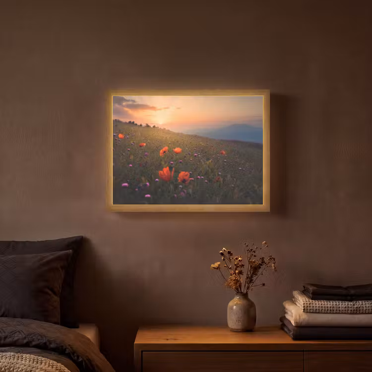 Bloemenveld - Gras - Bloemen - Planten - Zonsondergang - Oranje Light Box met batterij (Wandlamp) middel -sfeer4