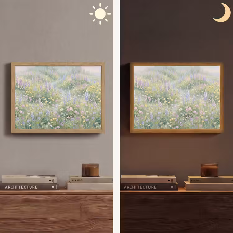 Bloemenveld - Heuvels - Kleurrijk Light Box met batterij (Wandlamp) middel -sfeer3