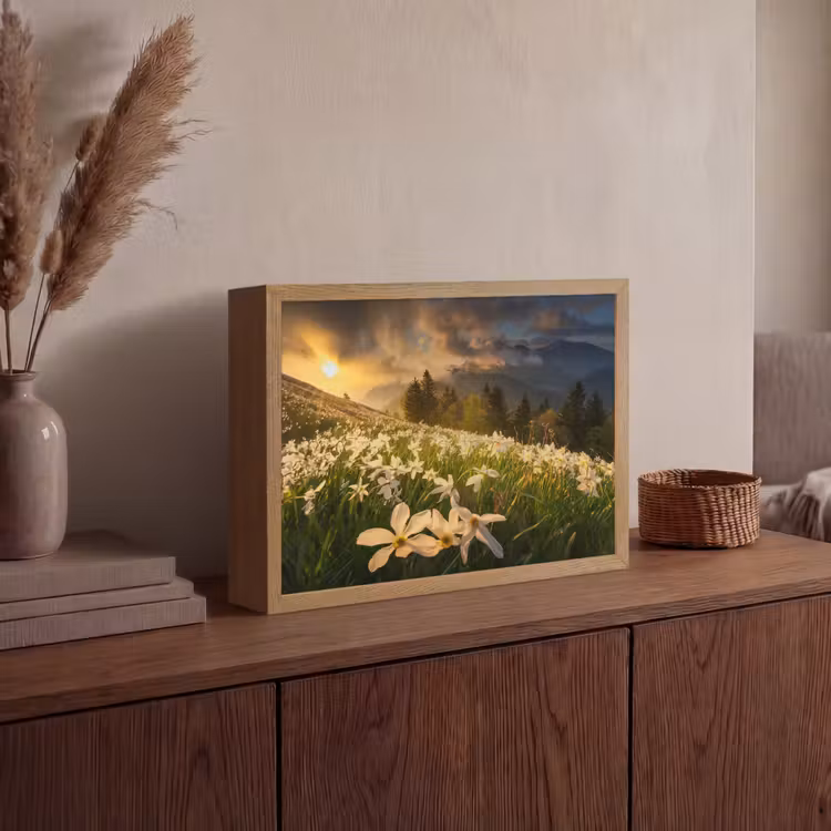 Bloemenveld - Heuvels - Zonsondergang - Berg - Natuur - Wit - Heuvels Light Box met batterij (Wandlamp) middel -sfeer2