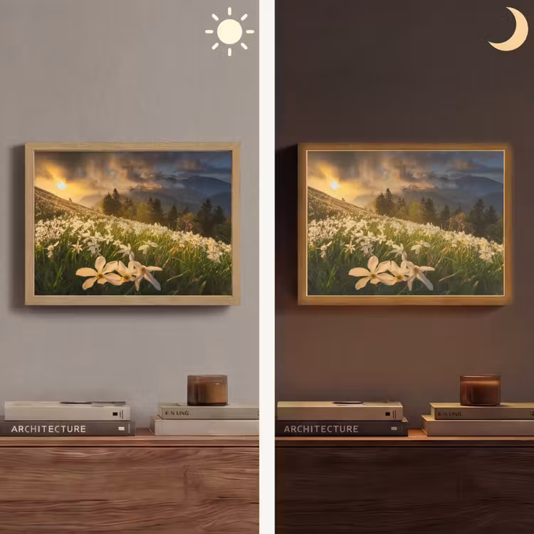 Bloemenveld - Heuvels - Zonsondergang - Berg - Natuur - Wit - Heuvels Light Box met batterij (Wandlamp) middel -sfeer3