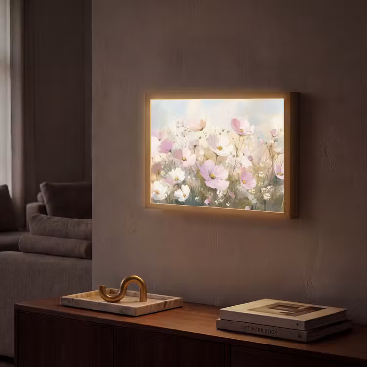 Bloemenveld - Lichte tinten - Geschilderd Light Box met batterij (Wandlamp) middel -sfeer1