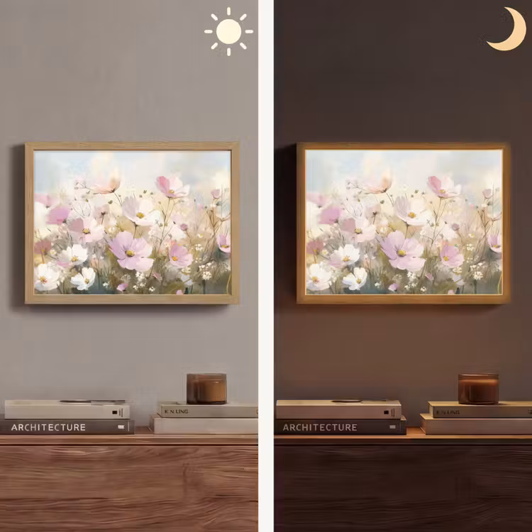 Bloemenveld - Lichte tinten - Geschilderd Light Box met batterij (Wandlamp) middel -sfeer3
