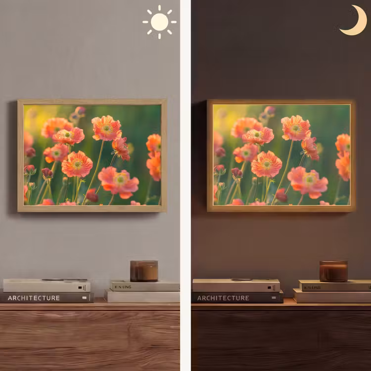 Bloemenveld - Zonnestralen - Oranje Light Box met batterij (Wandlamp) middel -sfeer3