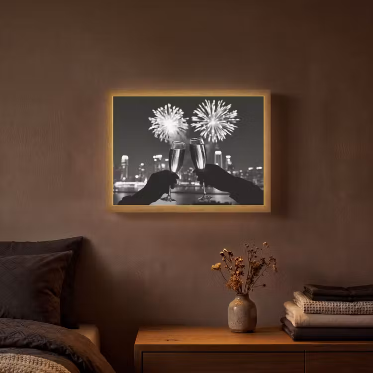 Vuurwerk - Proosten - Skyline - Champagne Light Box met batterij (Wandlamp) middel -sfeer4