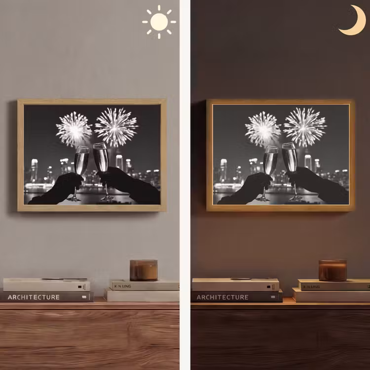 Vuurwerk - Proosten - Skyline - Champagne Light Box met batterij (Wandlamp) middel -sfeer3
