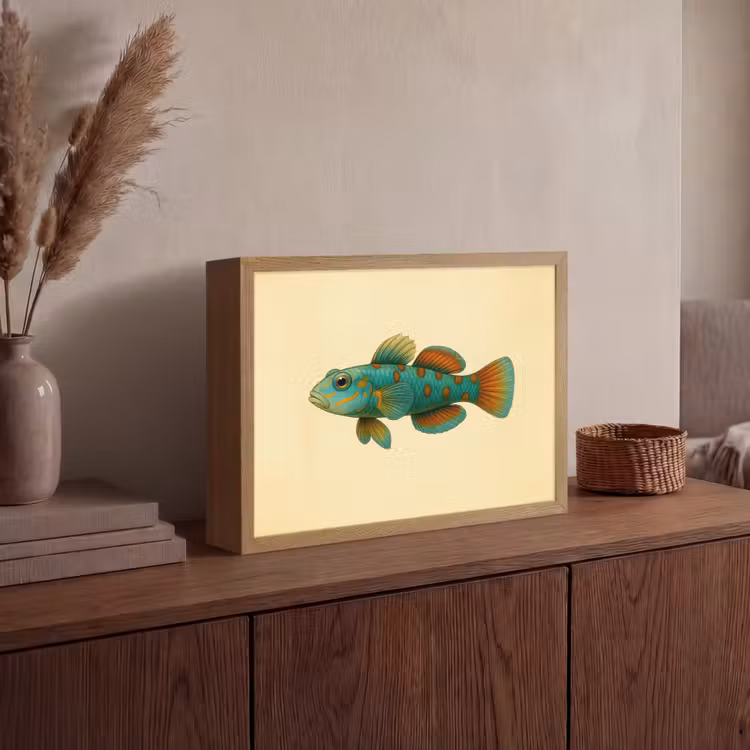 Vis - Blauw - Stippen - Schubben Light Box met batterij (Wandlamp) middel -sfeer2