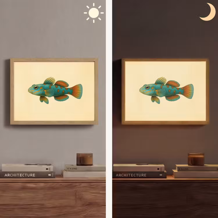 Vis - Blauw - Stippen - Schubben Light Box met batterij (Wandlamp) middel -sfeer3