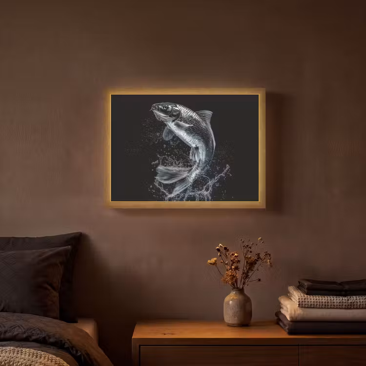 Vis - Koi - Zwart - Water Light Box met batterij (Wandlamp) middel -sfeer4