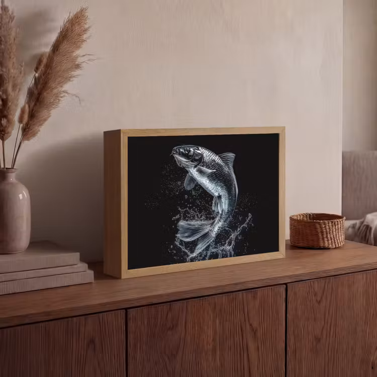 Vis - Koi - Zwart - Water Light Box met batterij (Wandlamp) middel -sfeer2