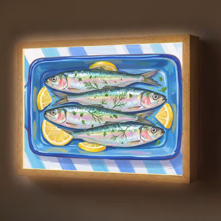 Vis - Citroen - Kruiden - Eten - Blauw Light Box met batterij (Wandlamp) middel -z3d_website