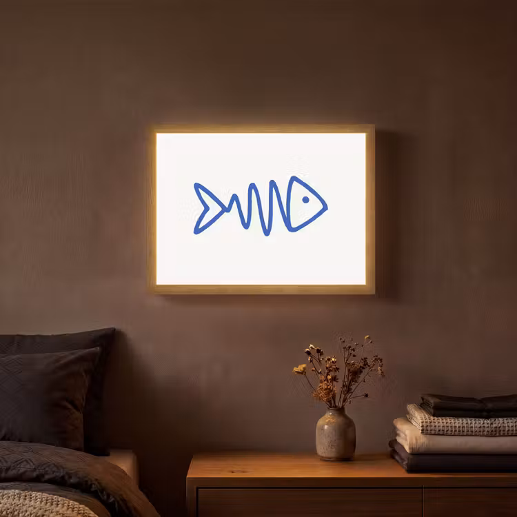 Vis - Minimalistisch - Blauw - Lijn Light Box met batterij (Wandlamp) middel -sfeer4