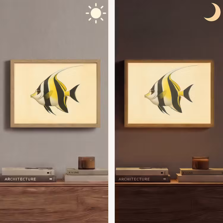 Vis - Sierlijk - Rugvin - Geel Light Box met batterij (Wandlamp) middel -sfeer3