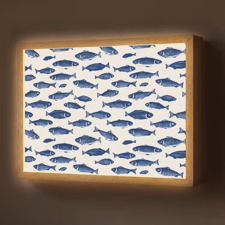 Vissen - Patroon - Blauw - Wit Light Box met batterij (Wandlamp) middel 907 -z3d_website