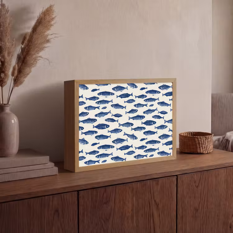 Vissen - Patroon - Blauw - Wit Light Box met batterij (Wandlamp) middel 907 -sfeer2