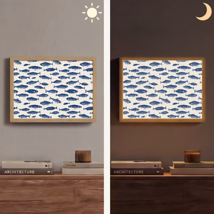 Vissen - Patroon - Blauw - Wit Light Box met batterij (Wandlamp) middel 907 -sfeer3