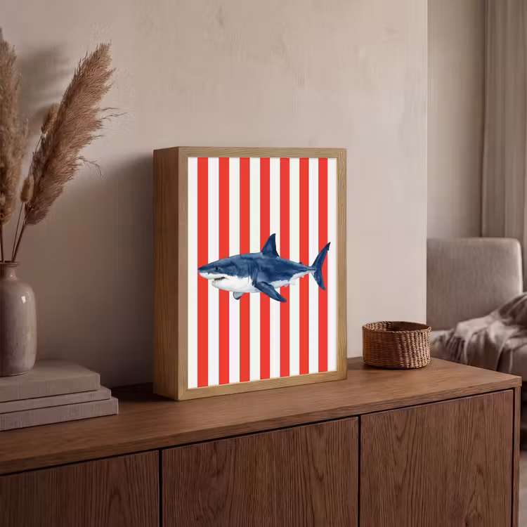 Vis - Haai - Zee - Illustratie - Blauw Light Box met batterij (Wandlamp) middel -sfeer2