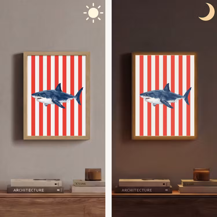 Vis - Haai - Zee - Illustratie - Blauw Light Box met batterij (Wandlamp) middel -sfeer3