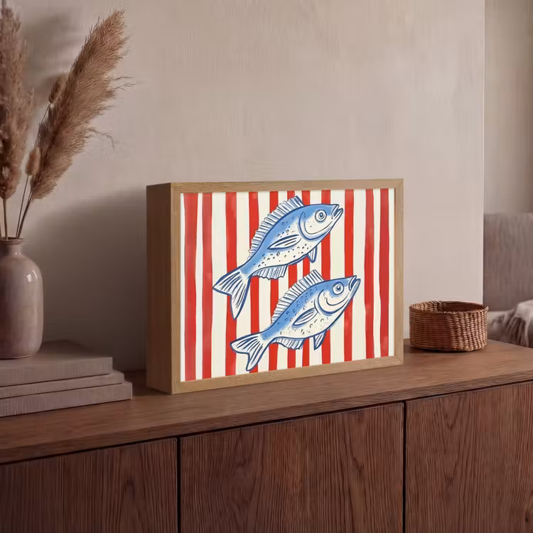 Vissen - Verticale strepen - Blauw - Rood Light Box met batterij (Wandlamp) middel -sfeer2