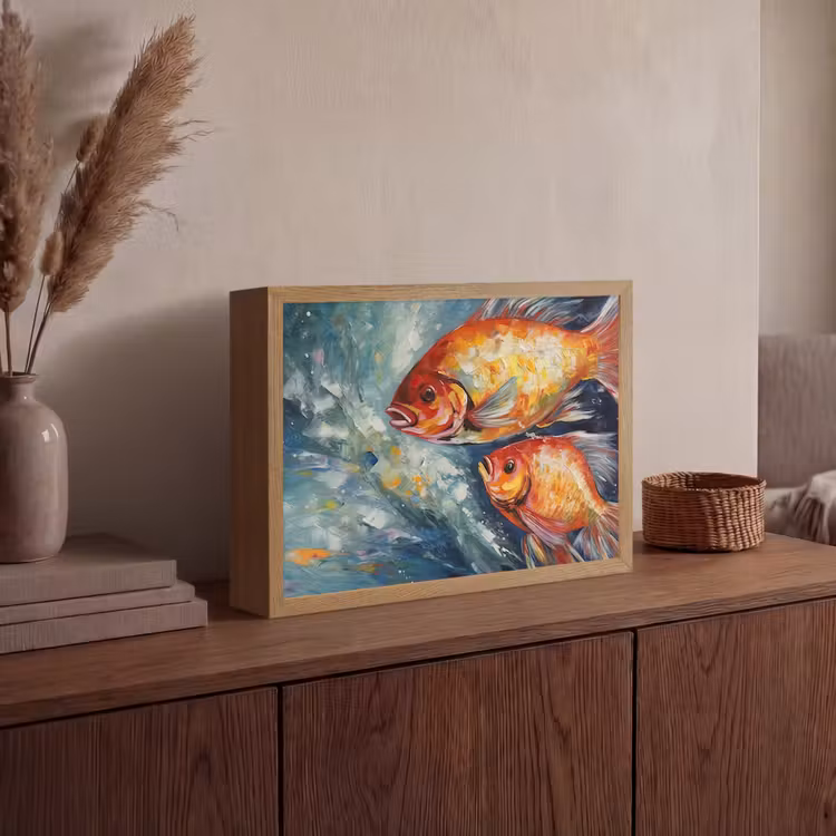 Vissen - Water - Dieren - Kunst - Olieverf Light Box met batterij (Wandlamp) middel -sfeer2