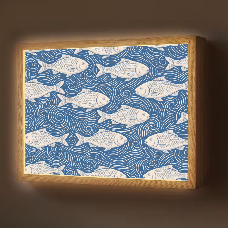 Vis - Water - Patroon - Grafisch - Blauw Light Box met batterij (Wandlamp) middel -z3d_website
