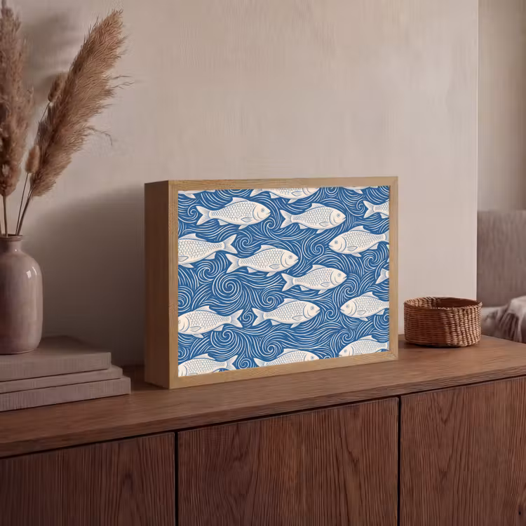 Vis - Water - Patroon - Grafisch - Blauw Light Box met batterij (Wandlamp) middel -sfeer2