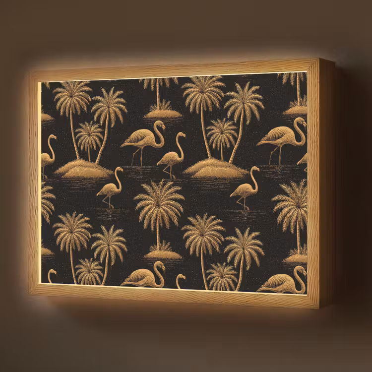Flamingo - Palmbomen - Tropisch - Goud - Zwart Light Box met batterij (Wandlamp) middel 907 -z3d_website