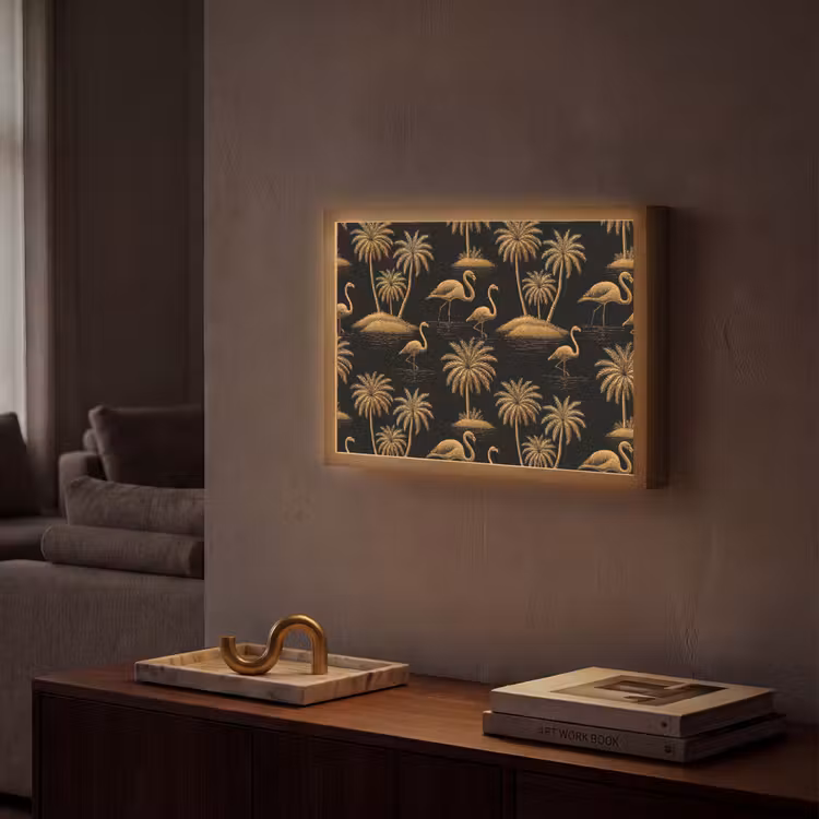 Flamingo - Palmbomen - Tropisch - Goud - Zwart Light Box met batterij (Wandlamp) middel 907 -sfeer1