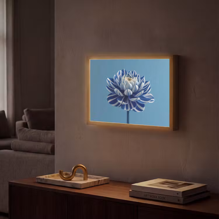 Bloem - Blauw - Bloemblaadjes - Streepjes Light Box met batterij (Wandlamp) middel -sfeer1