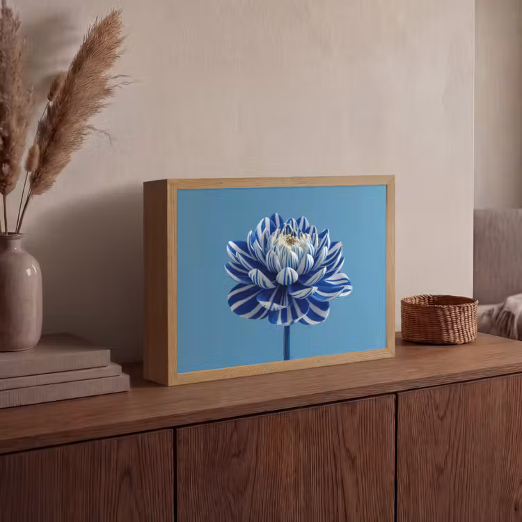 Bloem - Blauw - Bloemblaadjes - Streepjes Light Box met batterij (Wandlamp) middel -sfeer2