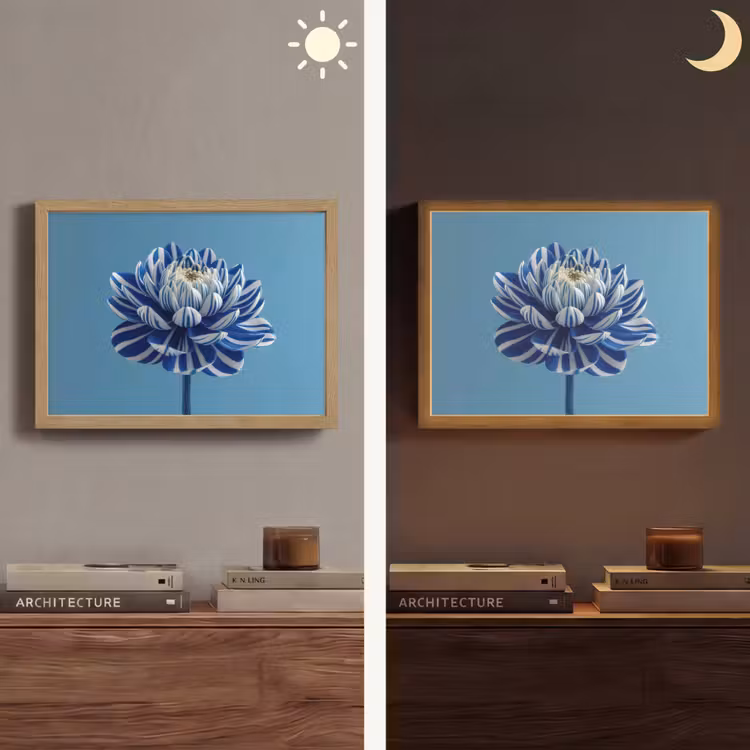 Bloem - Blauw - Bloemblaadjes - Streepjes Light Box met batterij (Wandlamp) middel -sfeer3