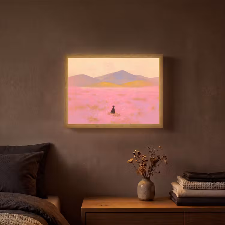 Bloemenweide - Heuvels - Silhouet - Roze Light Box met batterij (Wandlamp) middel -sfeer4