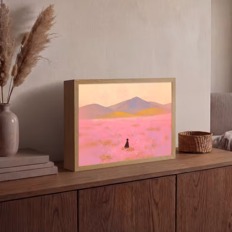 Bloemenweide - Heuvels - Silhouet - Roze Light Box met batterij (Wandlamp) middel -sfeer2