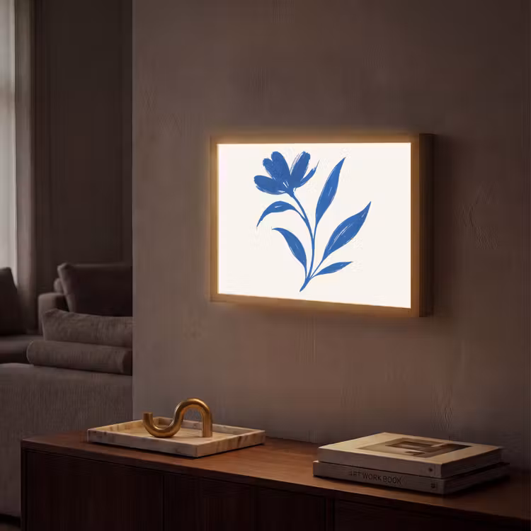 Bloem - Blaadjes - Minimalistisch - Blauw Light Box met batterij (Wandlamp) middel -sfeer1