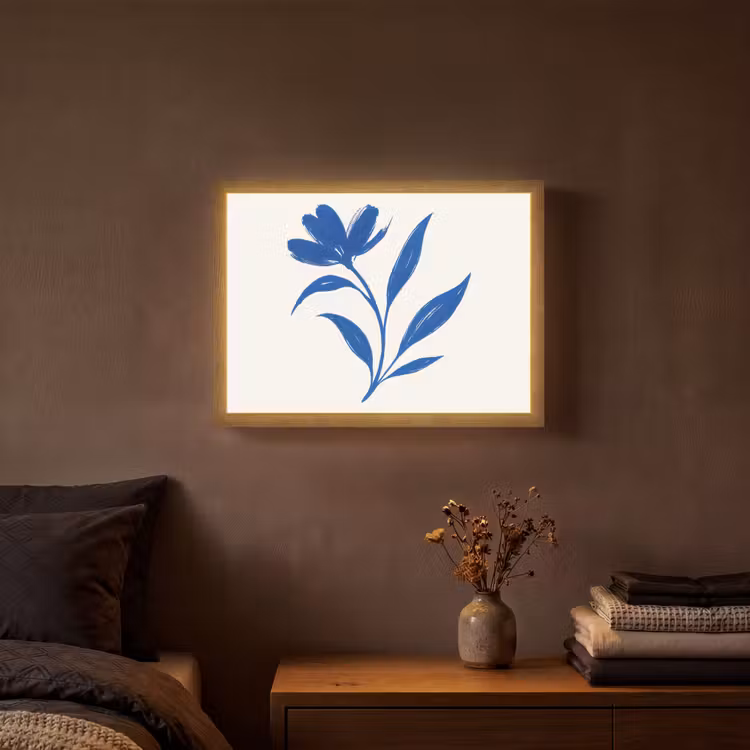 Bloem - Blaadjes - Minimalistisch - Blauw Light Box met batterij (Wandlamp) middel -sfeer4