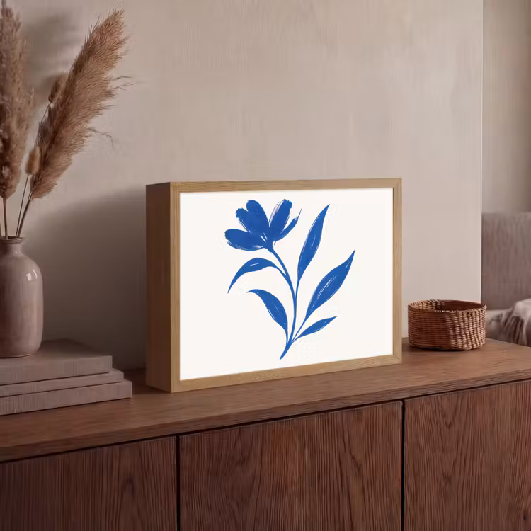 Bloem - Blaadjes - Minimalistisch - Blauw Light Box met batterij (Wandlamp) middel -sfeer2