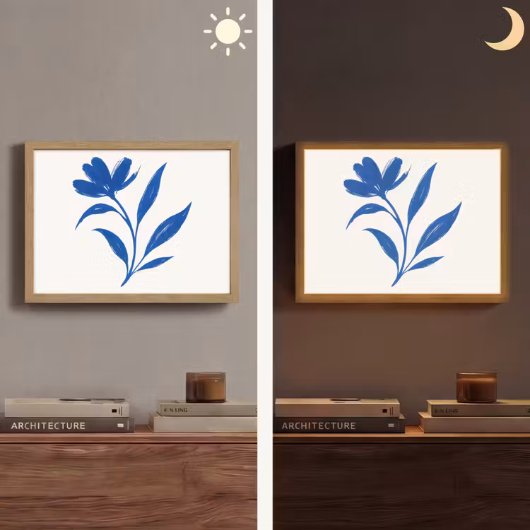 Bloem - Blaadjes - Minimalistisch - Blauw Light Box met batterij (Wandlamp) middel -sfeer3