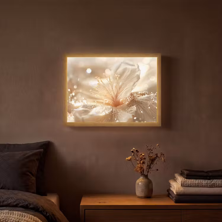 Bloem - Wit - Glitter - Goud - Modern Light Box met batterij (Wandlamp) middel -sfeer4