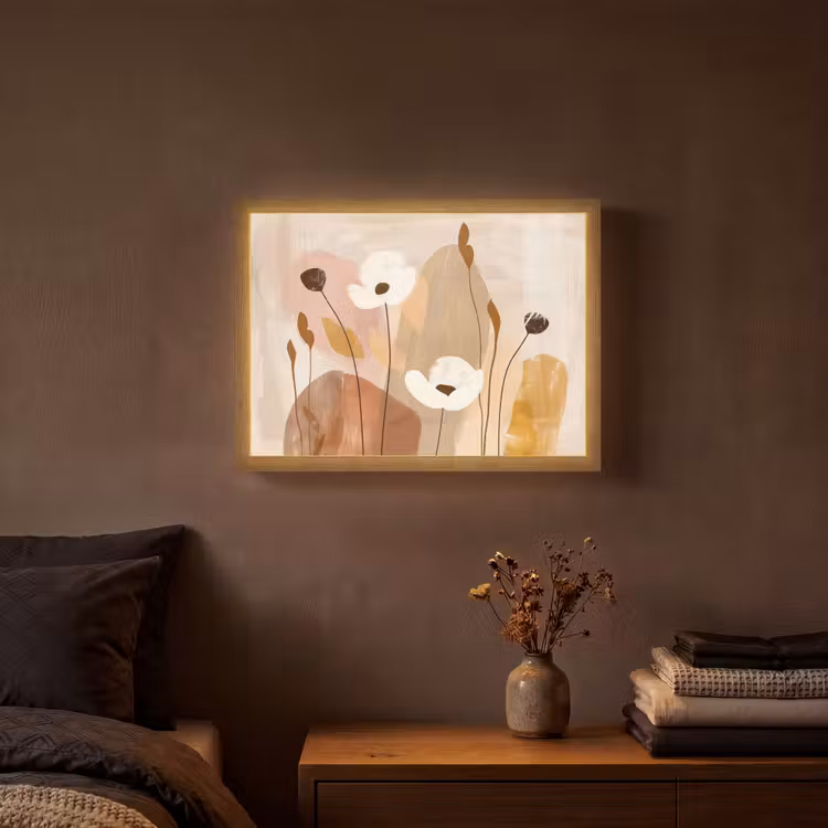 Bloemen - Abstract - Beige - Line art Light Box met batterij (Wandlamp) middel -sfeer4