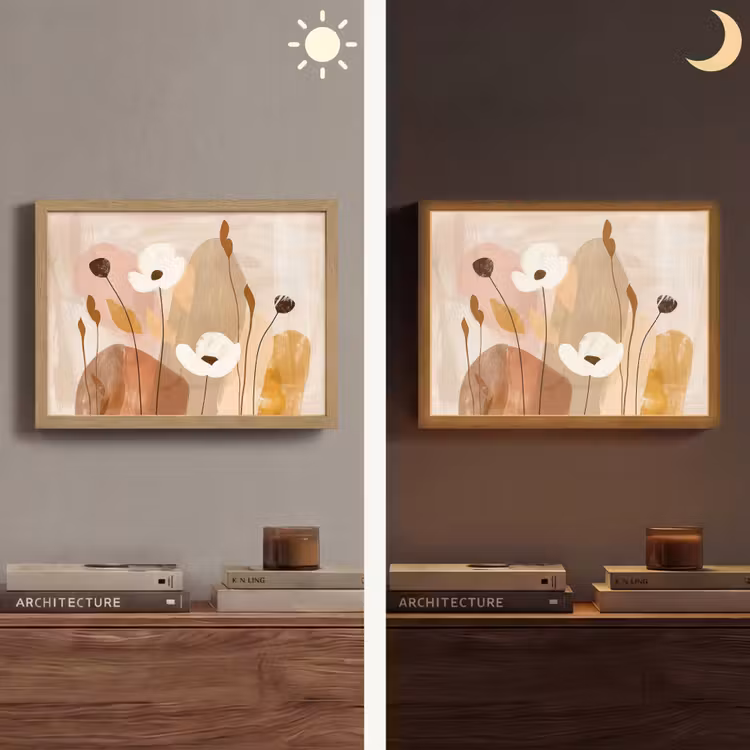 Bloemen - Abstract - Beige - Line art Light Box met batterij (Wandlamp) middel -sfeer3