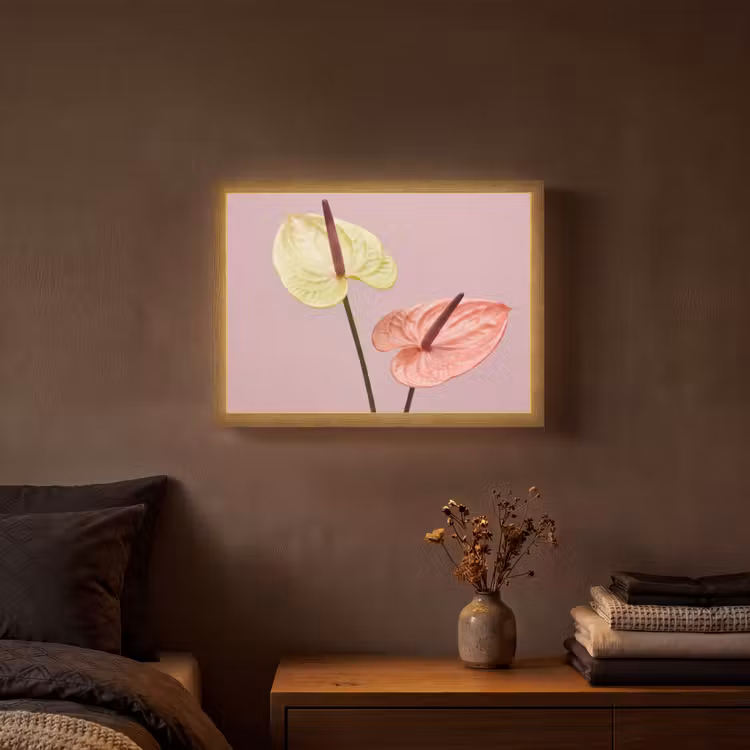 Bloemen - Anthuriums - Geel - Roze Light Box met batterij (Wandlamp) middel -sfeer4