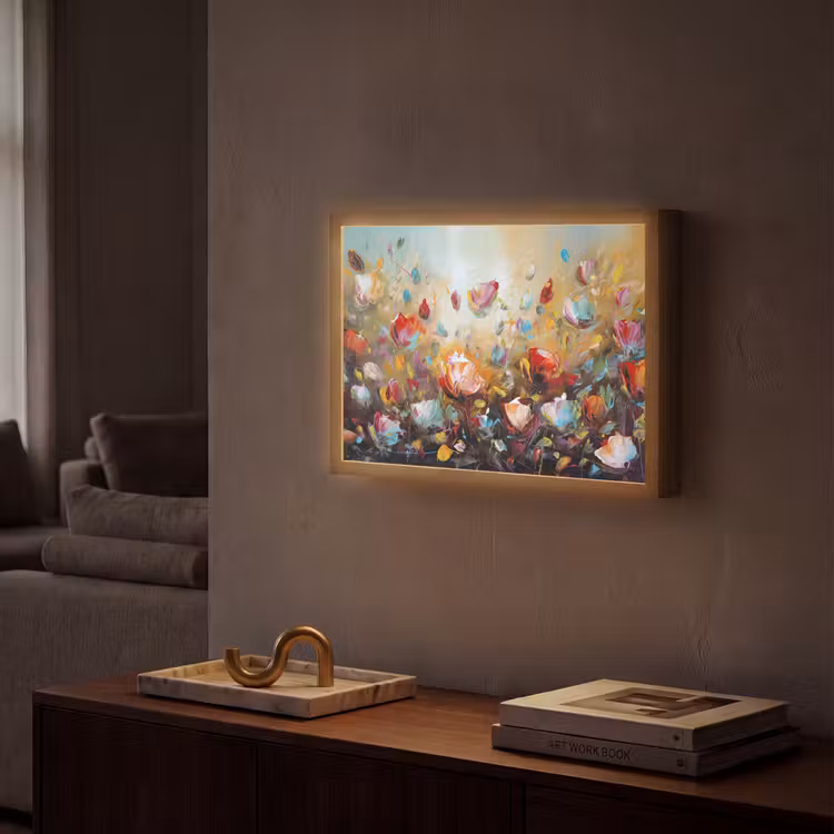 Bloemen - Kunst - Natuur - Olieverf Light Box met batterij (Wandlamp) middel -sfeer1