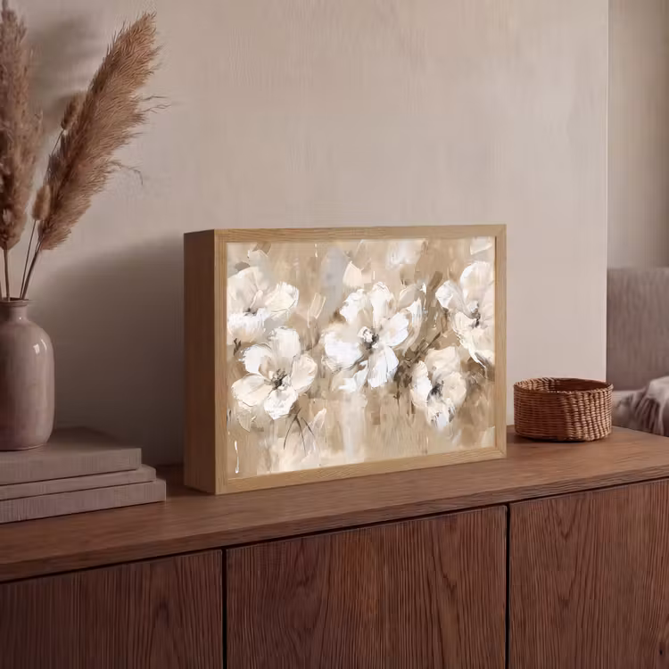 Bloemen - Beige - Abstract - Modern Light Box met batterij (Wandlamp) middel -sfeer2